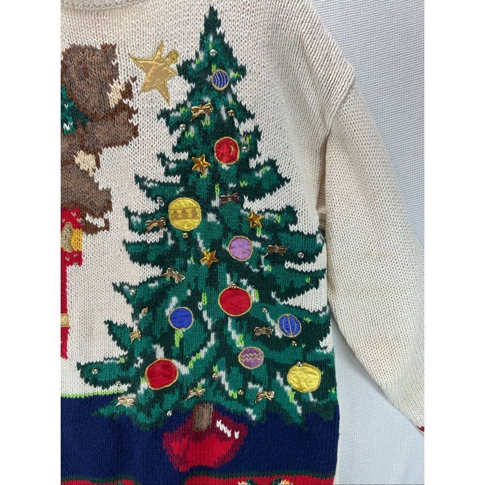 Vtg Casual Corner Christmas Sweater M Hand Knit Bear Tree Beaded Cottage Holiday - Picture 8 of 16